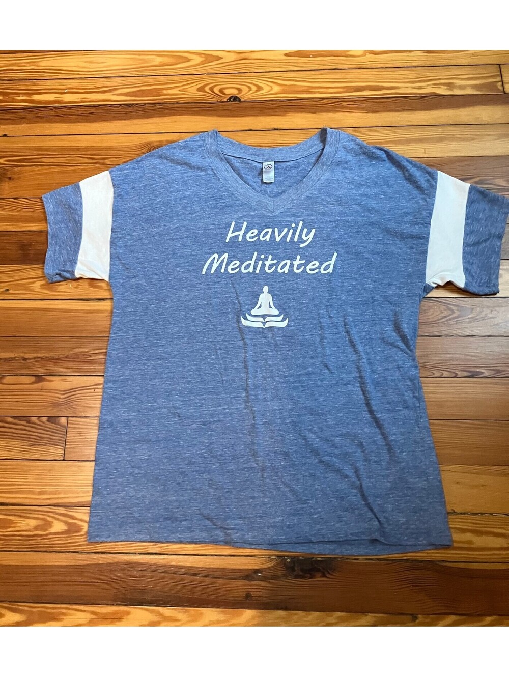 Heavily Meditated T Shirt XL Alternative Apparel Blue Ringer V Neck Yoga Slogan